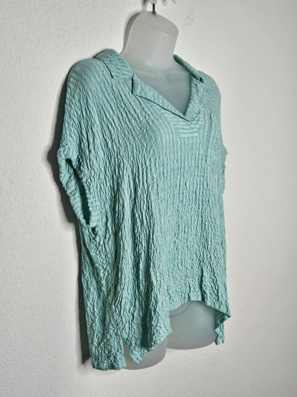 Jane + Delancey Blue Green Striped Top L Textured Short Sleeve Collared Blouse - Picture 2 of 9